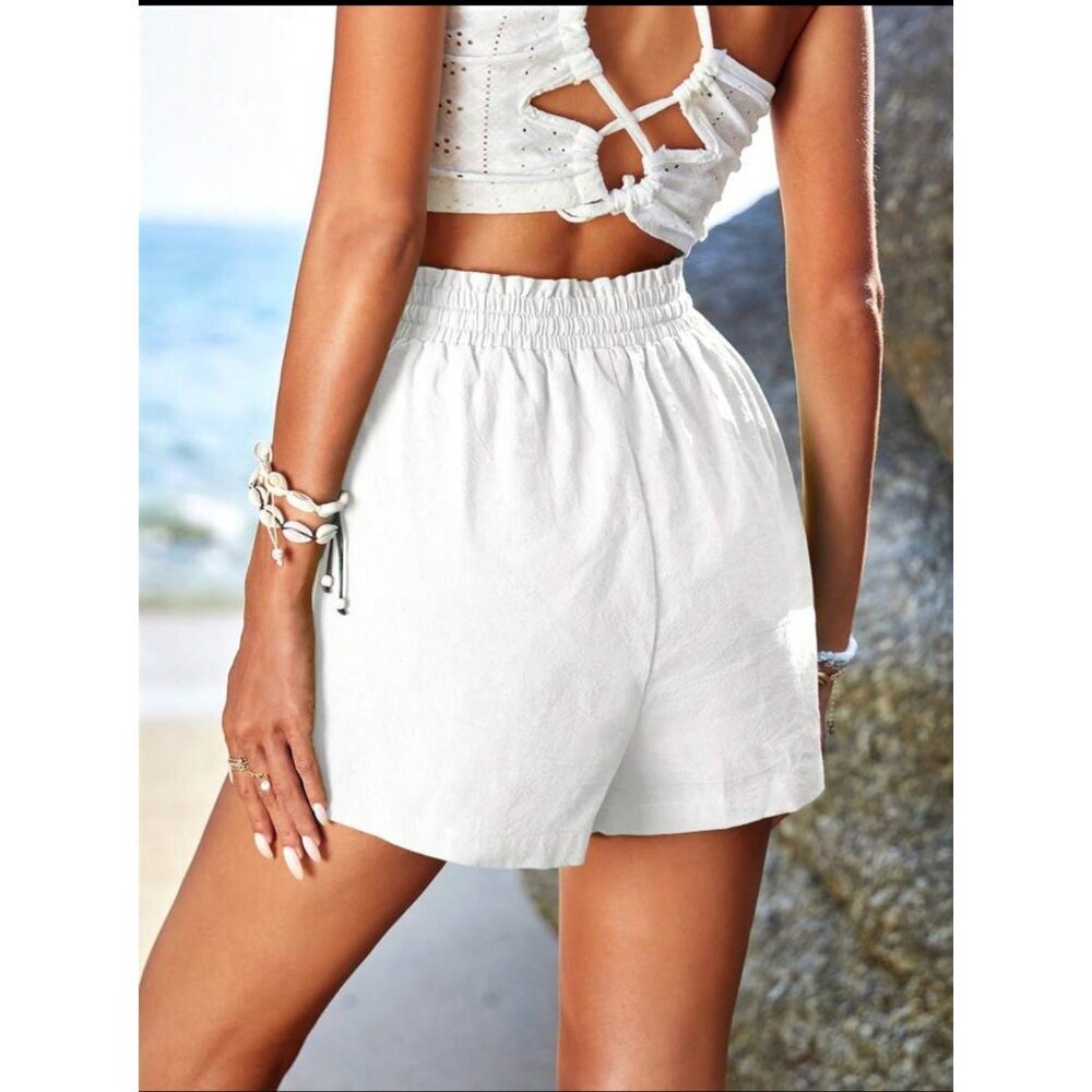 100% cotton high waisted shorts tie string waist pockets boho white - Picture 2 of 8